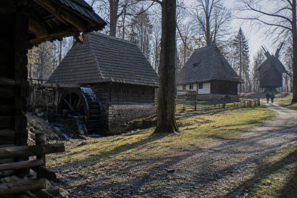 Wooden village houses and a water mill among trees at an open-air museum