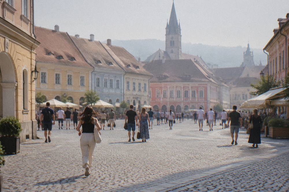 Crowd crossing a cobblestone square in Sibiu lined with colourful baroque buildings