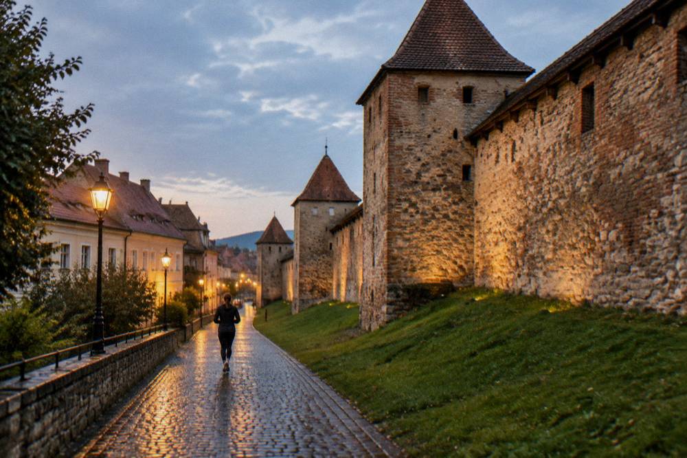 Illuminated narrow street with medieval walls and towers at night