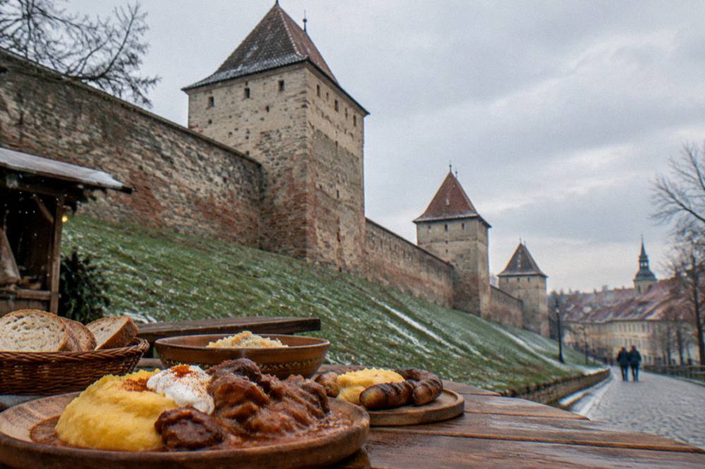 Traditional Romanian dishes served on a wooden table at an outdoor stall