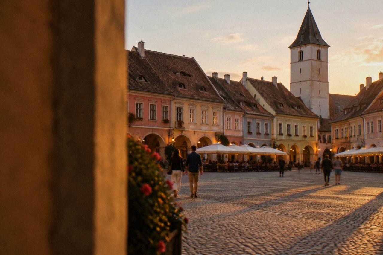 Warm evening lights glowing across the colourful baroque buildings around a large medieval square