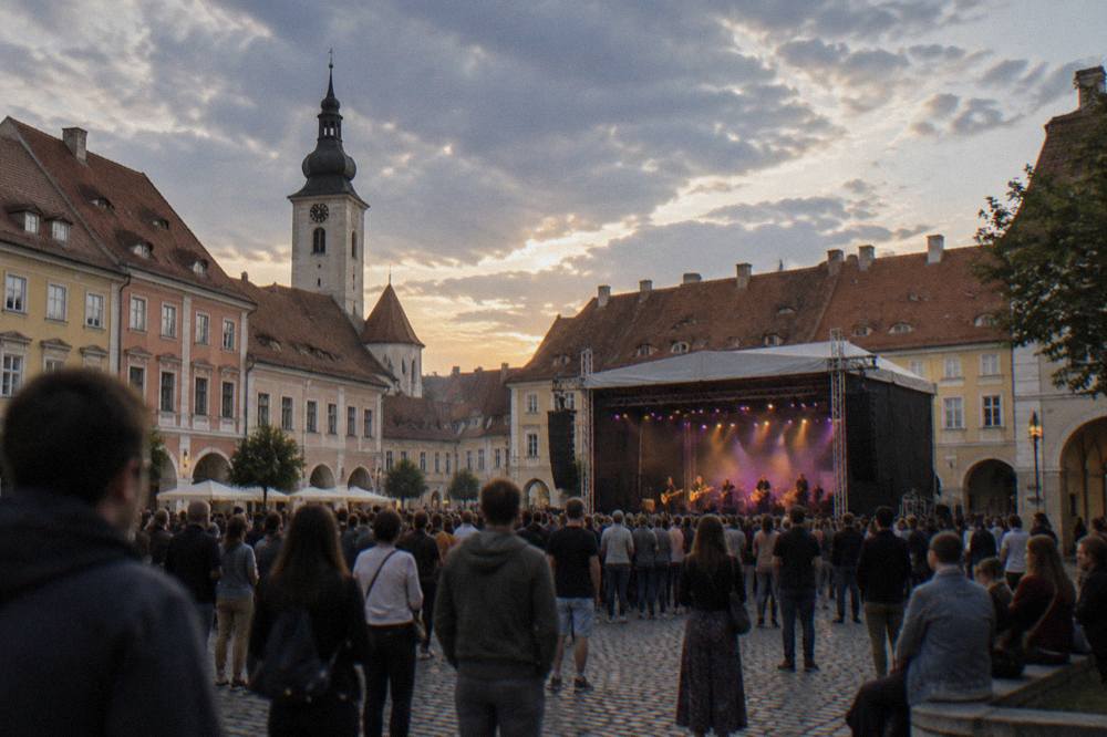 Crowds gathered at dusk in front of an outdoor stage in a European old town square