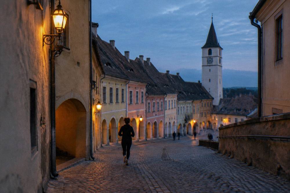 A narrow medieval street at night with lantern light on old walls and arched passage entrances