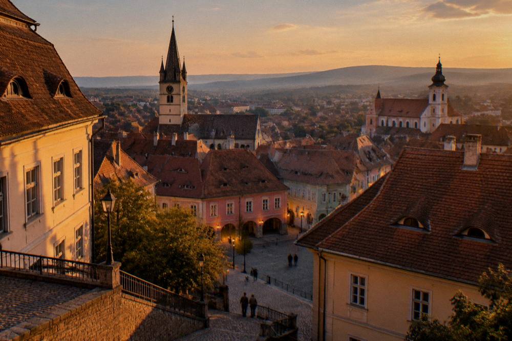 A hilltop view over a lit old town with church towers and rooftops glowing at twilight