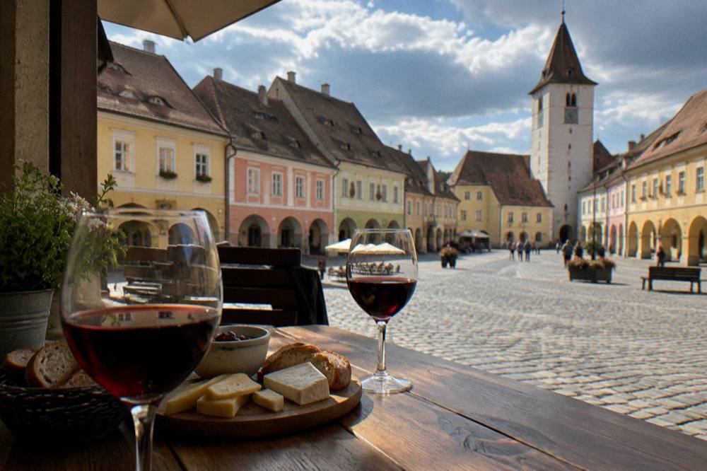 Glasses of red wine on a wooden table beside a board of local cheeses and bread