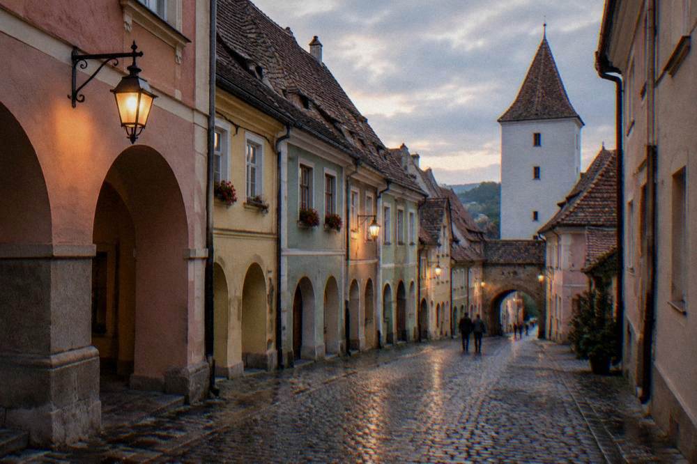 An old town street at night under warm lamps, empty and quiet