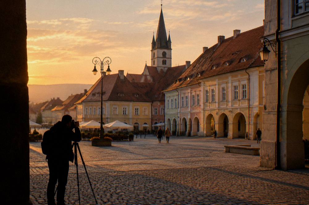 A photographer's silhouette with a tripod on a cobblestone square at dusk in Sibiu