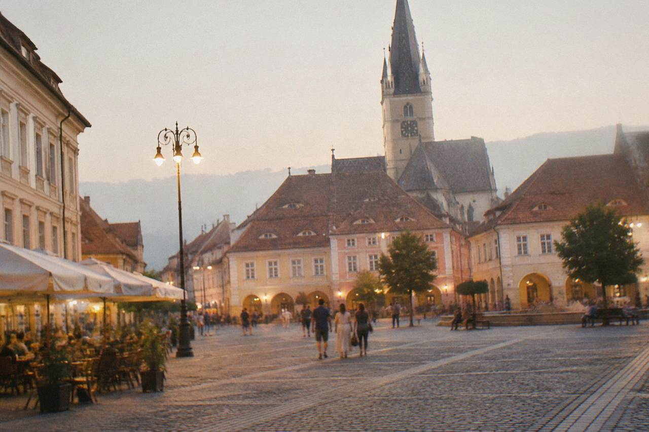 Illuminated medieval square in Sibiu at dusk with historic buildings and open pedestrian space