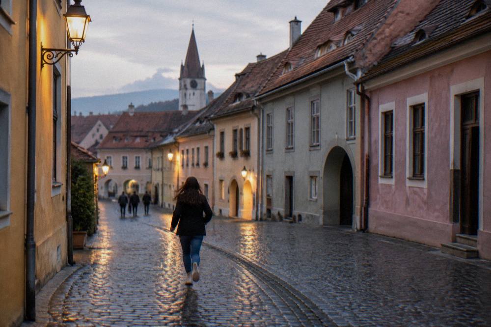 Cobbled pedestrian street in Sibiu old town lit by evening lamps