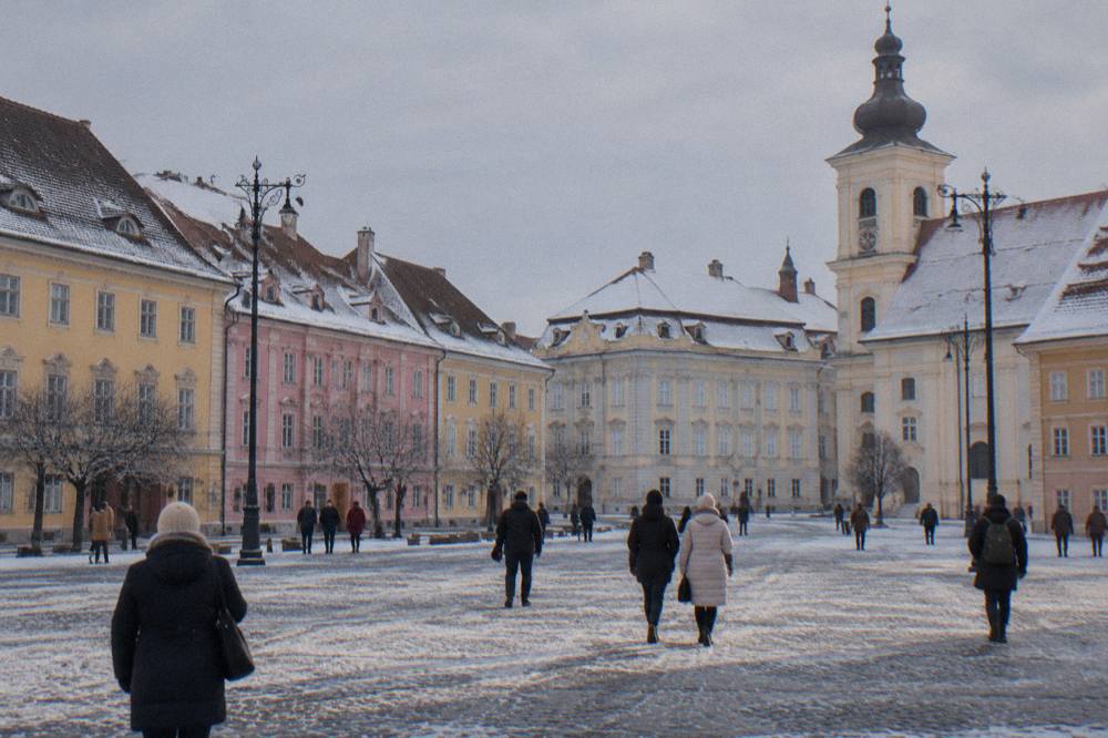 Snow-covered medieval square with people walking carefully on icy cobbles