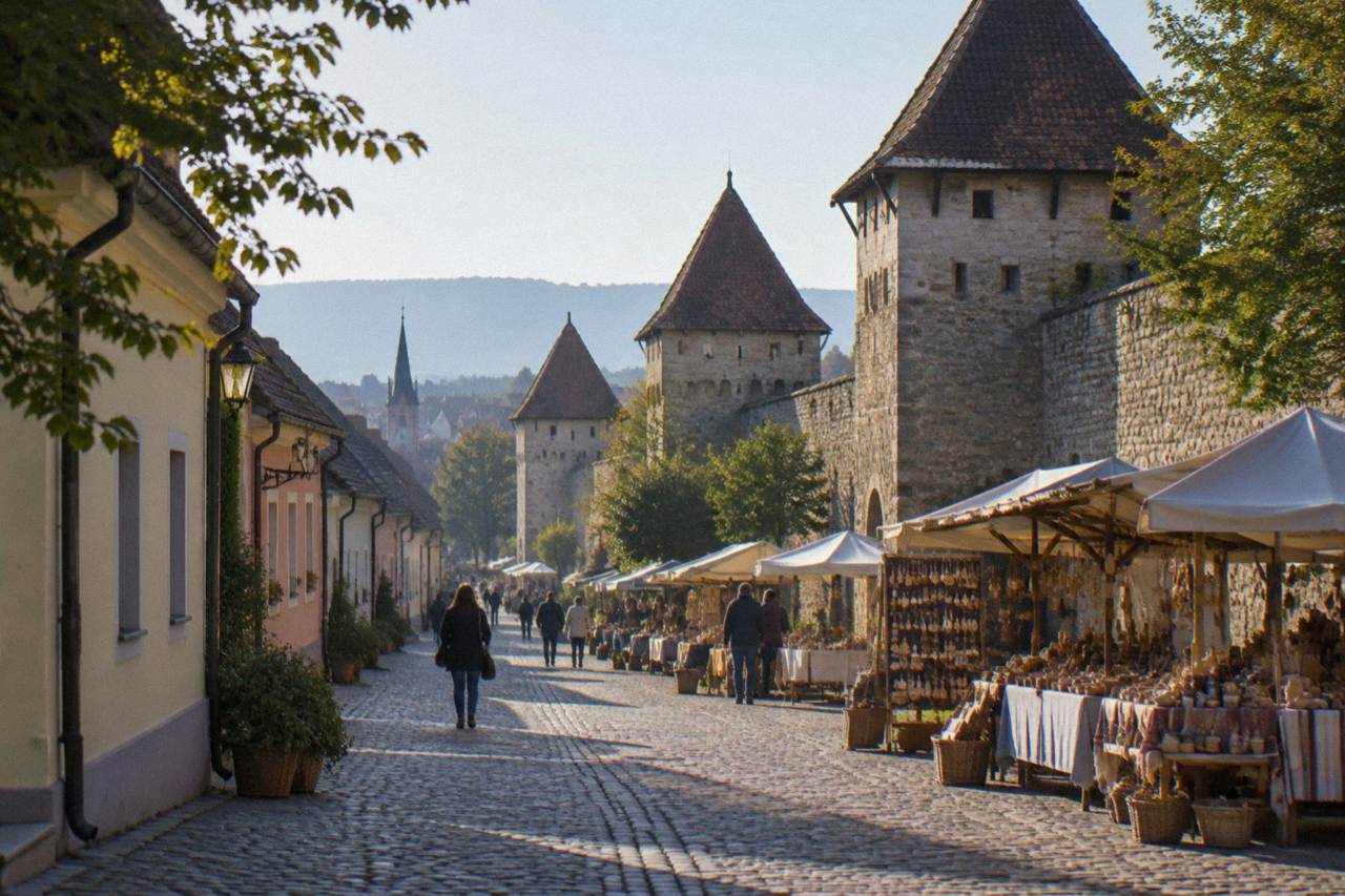 Market stalls with handcrafted goods set out in a Transylvanian town square