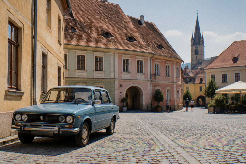 A vintage Romanian car parked on a cobbled street in an old town