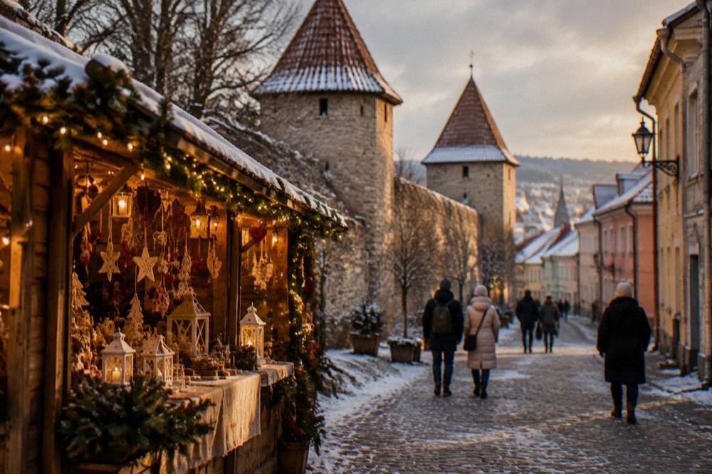 Decorated craft stall with warm lights in a snowy town square