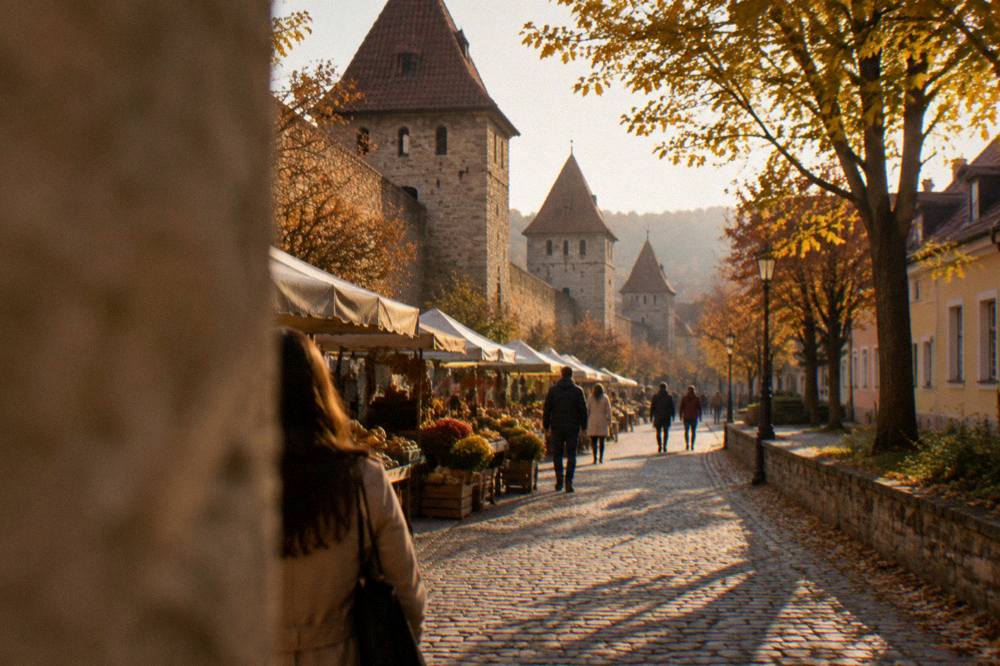Open-air market stalls among trees on a sunny autumn day