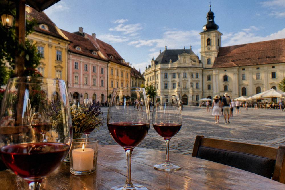 Glasses of red Romanian wine arranged on a wooden table in a candlelit tasting room