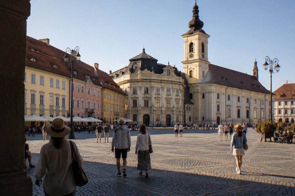 A summer evening street scene with people in light jackets walking past illuminated medieval buildings
