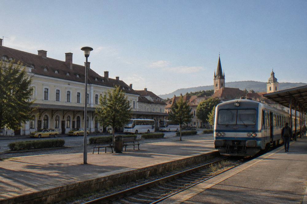 A regional train at a small Romanian station platform in the morning