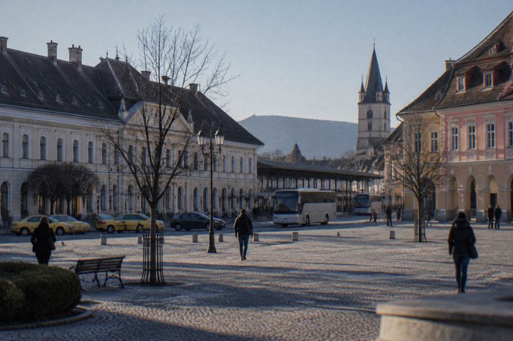 A medieval square with coloured baroque buildings under a clear sky