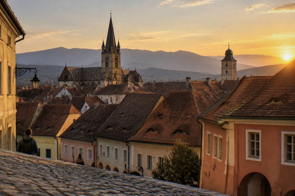 Rooftops of an old town at dusk with mountain silhouettes behind