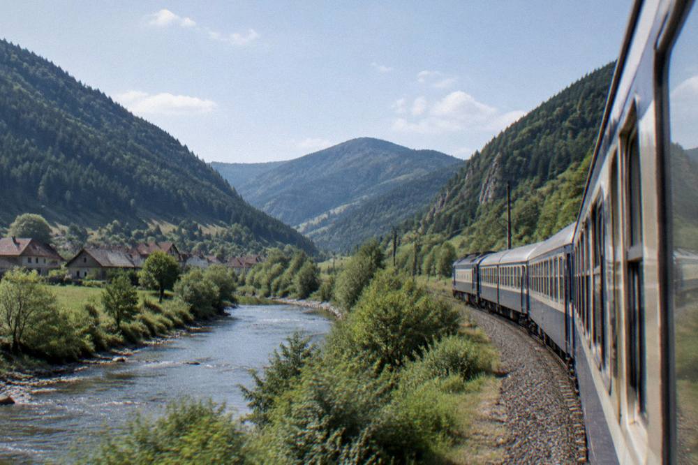 A train travelling along a valley with mountains rising on both sides