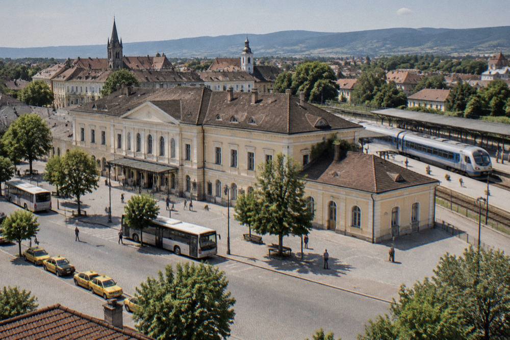 A regional train waiting at a small Romanian station platform beside an old station building