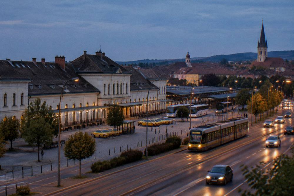 An evening view of a lit boulevard with trams and cars in a large European capital city