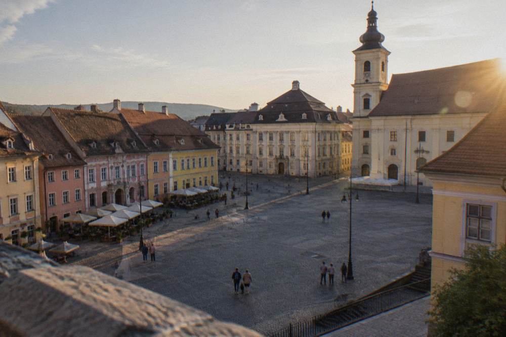 Colourful facades around the main square of Cluj-Napoca