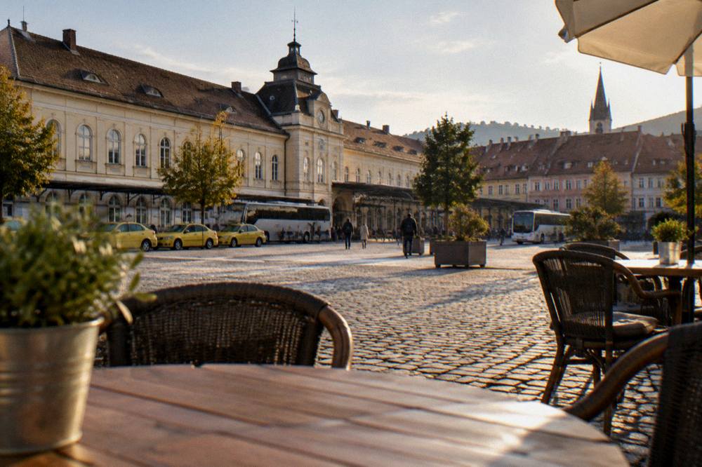 Evening light on a historic square with outdoor cafe tables