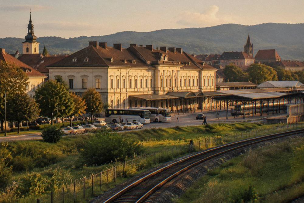 A train track curving through green Transylvanian fields