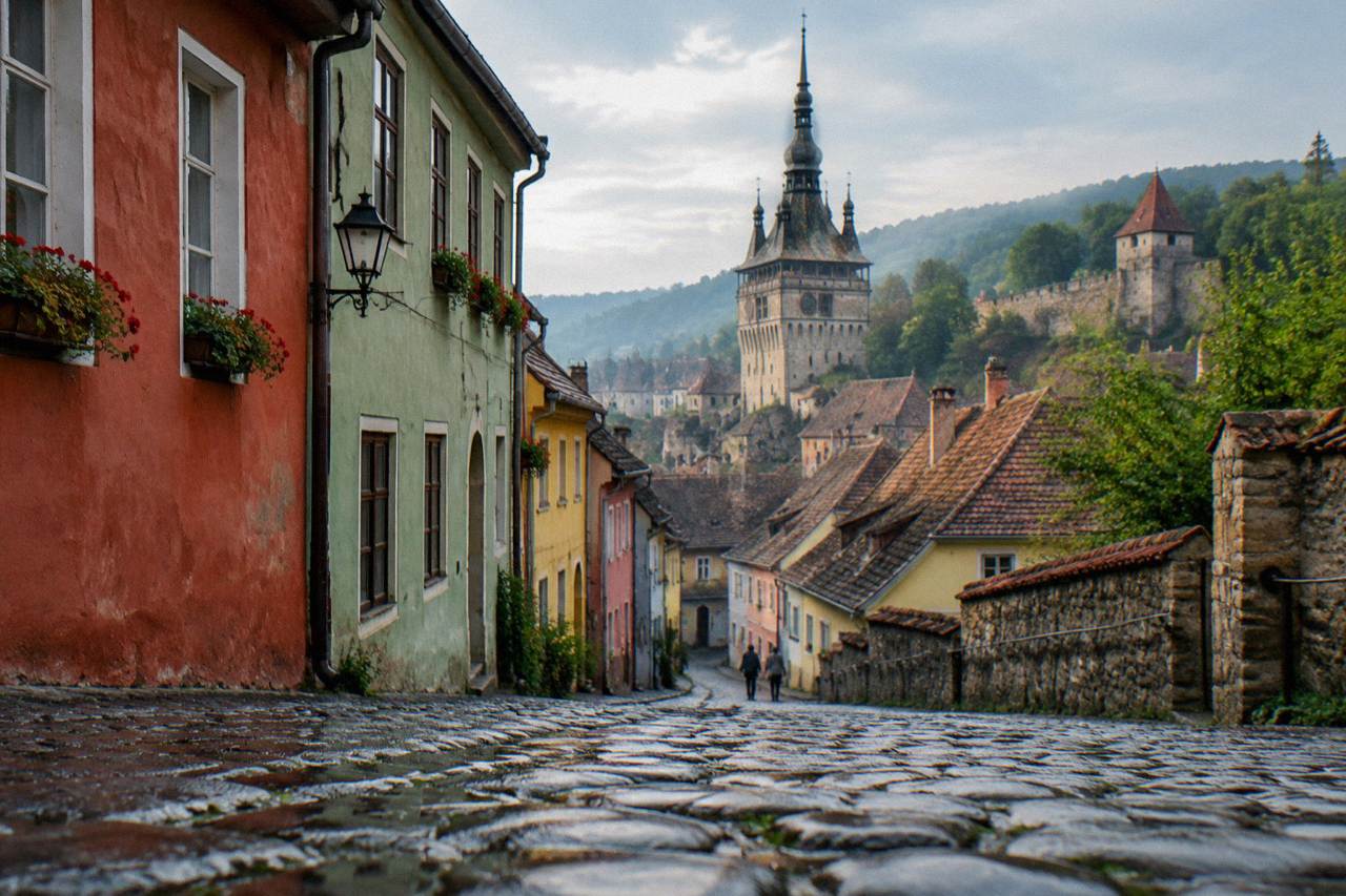 Colourful historic houses on a narrow street inside the Sighișoara citadel