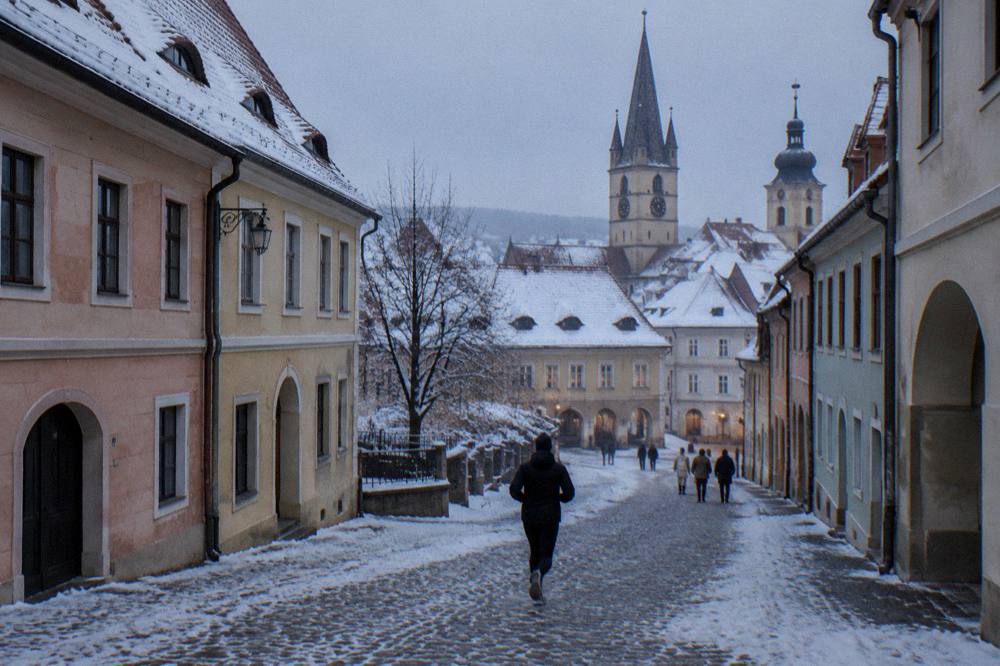Snow covering the rooftops and towers of a Transylvanian old town in winter