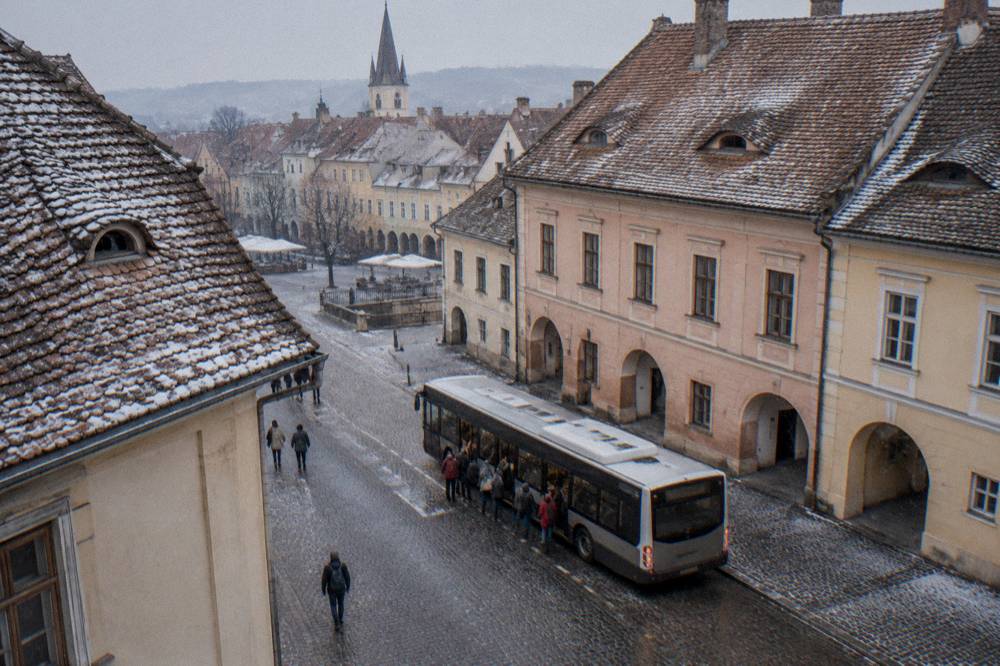 A city bus stopped on a street in Sibiu with passengers boarding