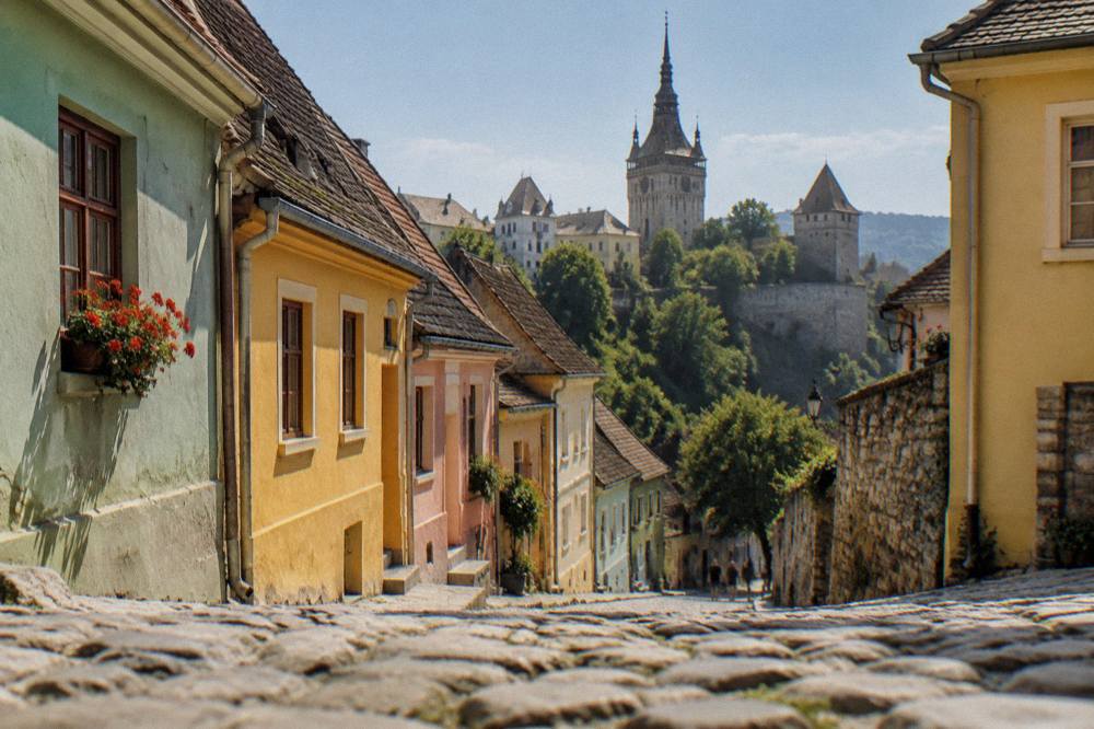Colourful old houses on a street in the Sighișoara citadel