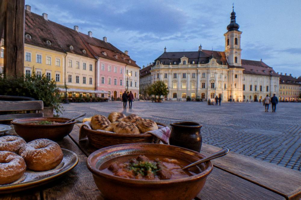 A rustic wooden table with bowls of stew, grilled rolls and a plate of fried doughnuts