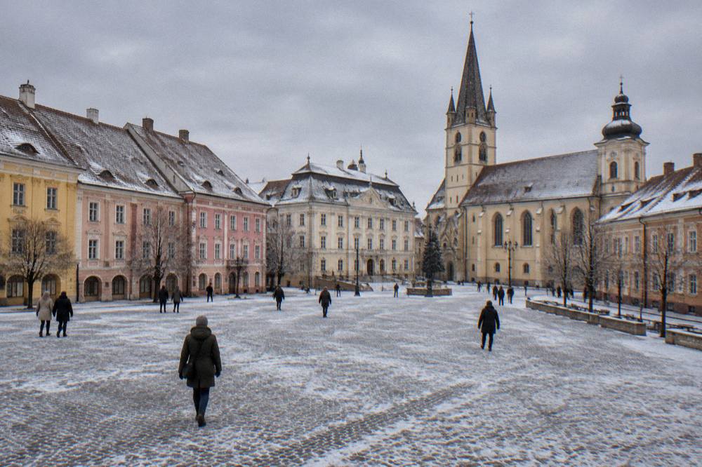 A traveller in a warm coat walking across a snow-dusted square with a church spire behind