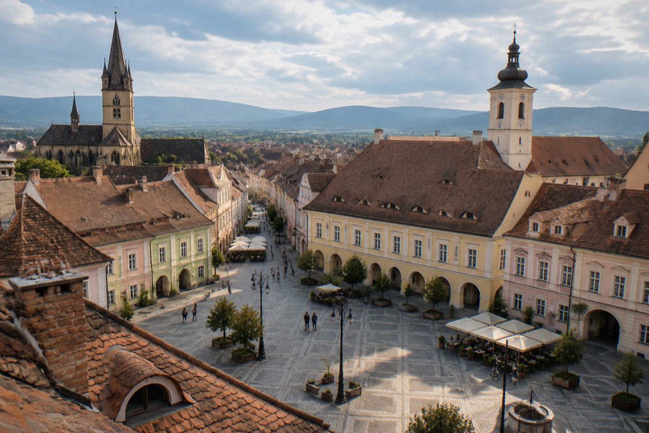 Two pastel-coloured old town squares in Transylvania with church towers and mountain foothills behind them