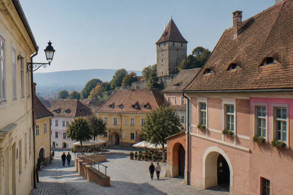 A medieval watchtower and defence wall above red-tiled roofs in Transylvania