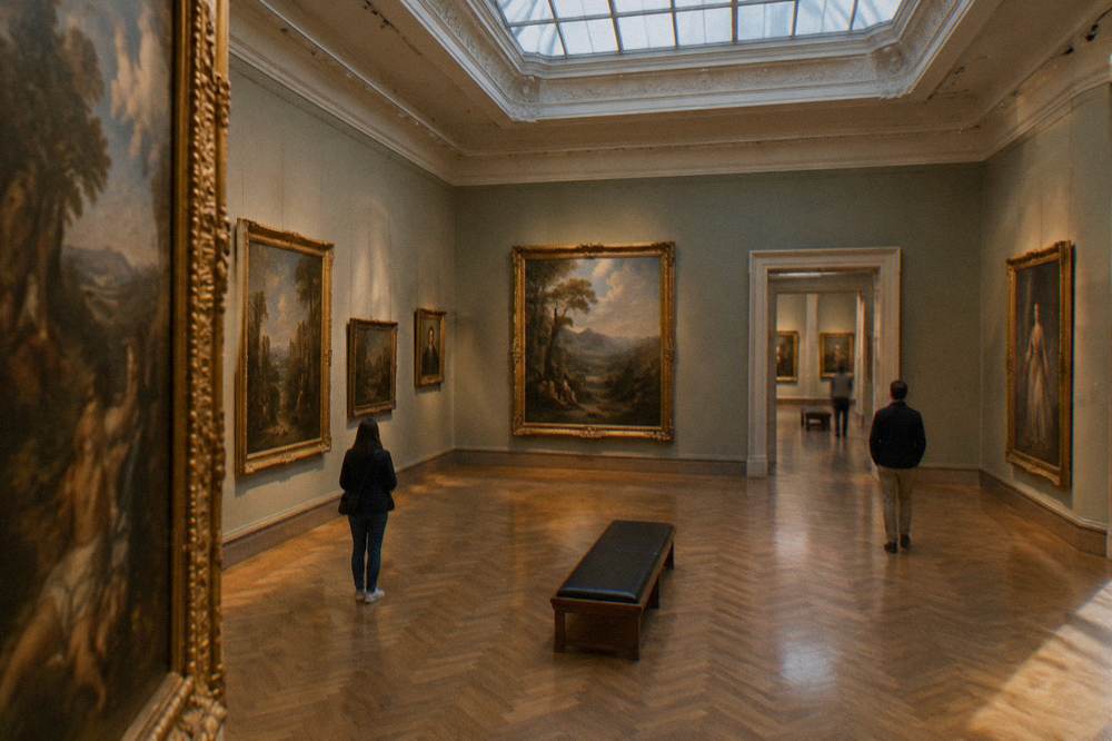 An art gallery hall with gilded frames and skylight in the Brukenthal Palace