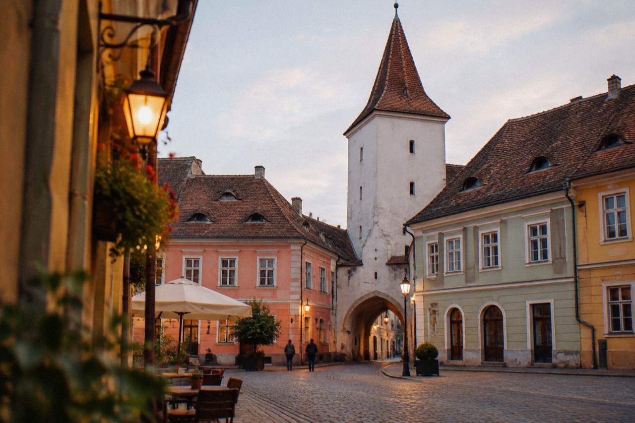 Colourful historic square in Sibiu with tall houses and the Council Tower rising behind them