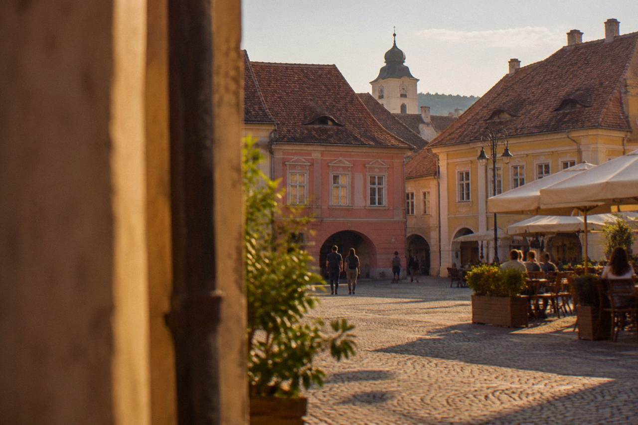 Colourful historic houses along a cobbled square in a Transylvanian old town