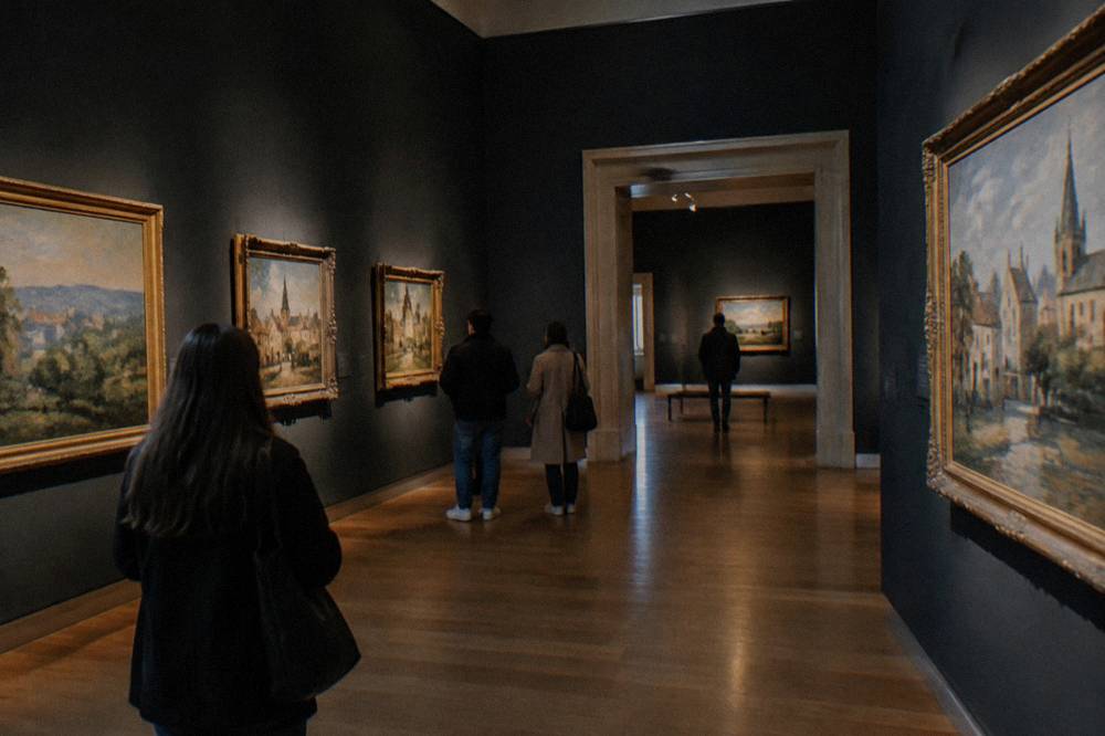 Visitors walking through an art museum gallery with framed paintings on dark walls