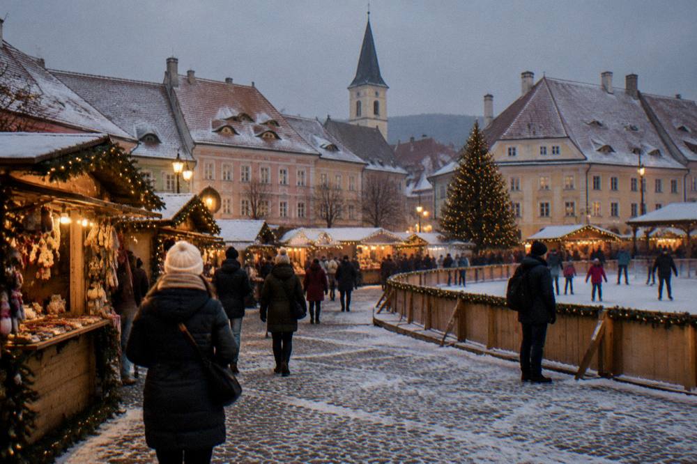 A Christmas market square at dusk with wooden stalls, lights and an ice rink