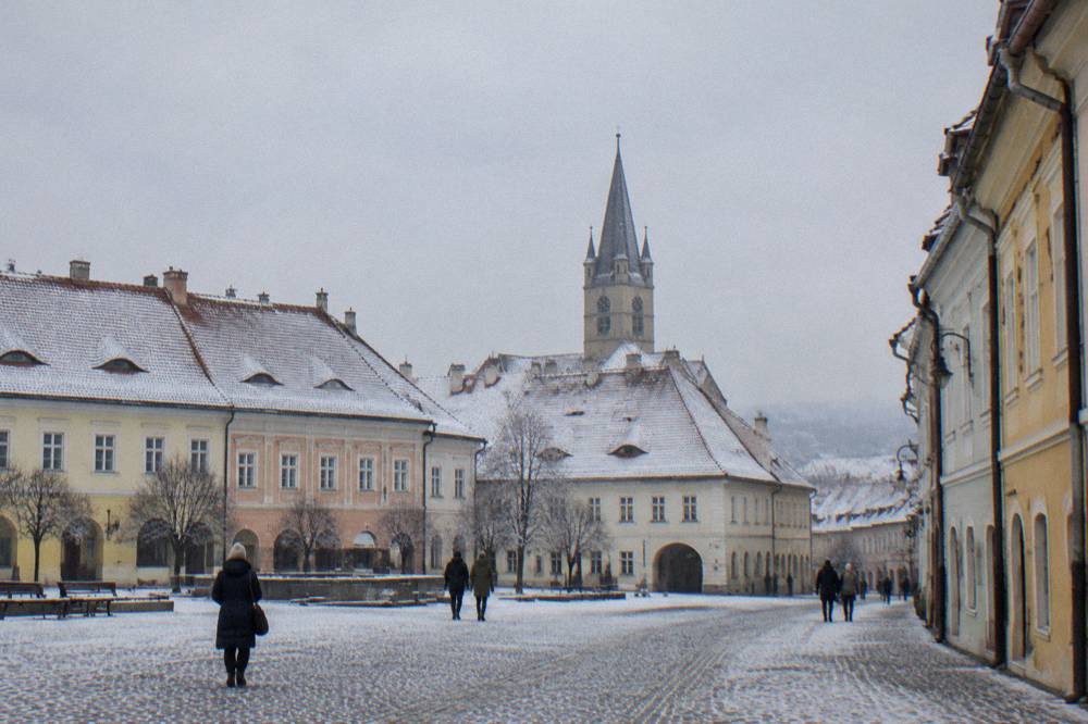 Snow-covered rooftops and a church spire in Sibiu under a pale winter sky