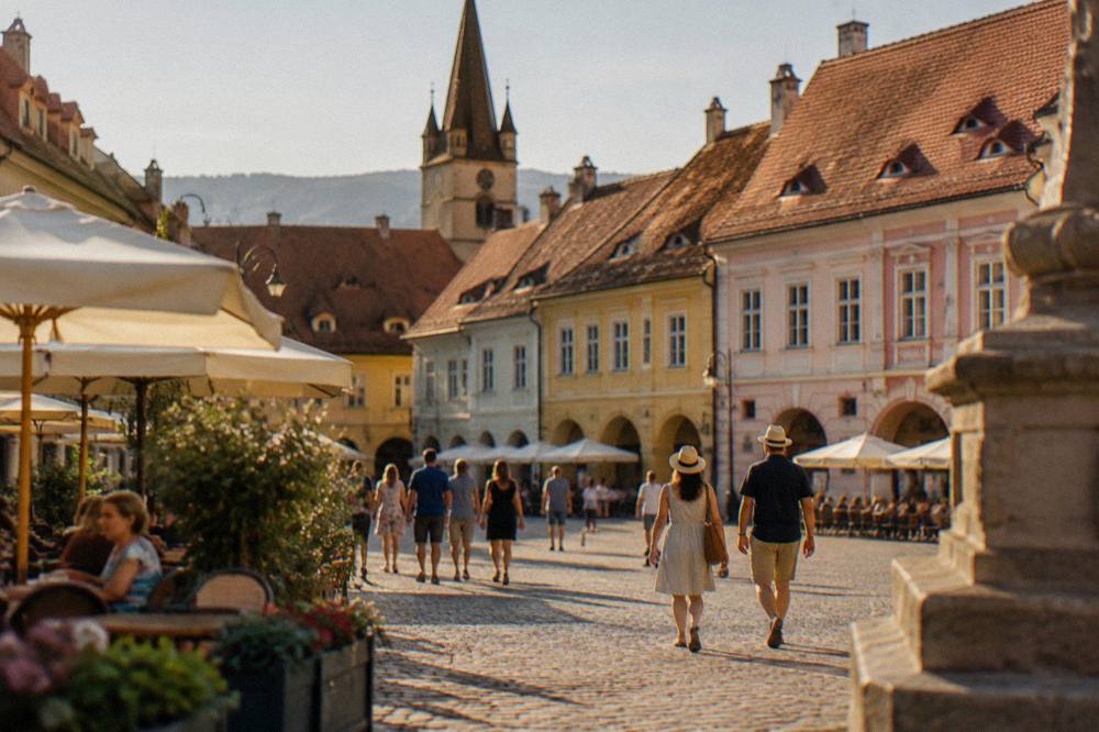 Visitors walking across a sunlit Sibiu square past café terraces in summer
