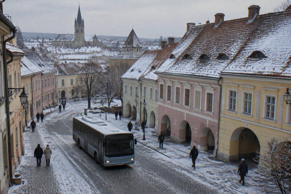 A bus and pedestrians on a Sibiu street with light snow on the pavement