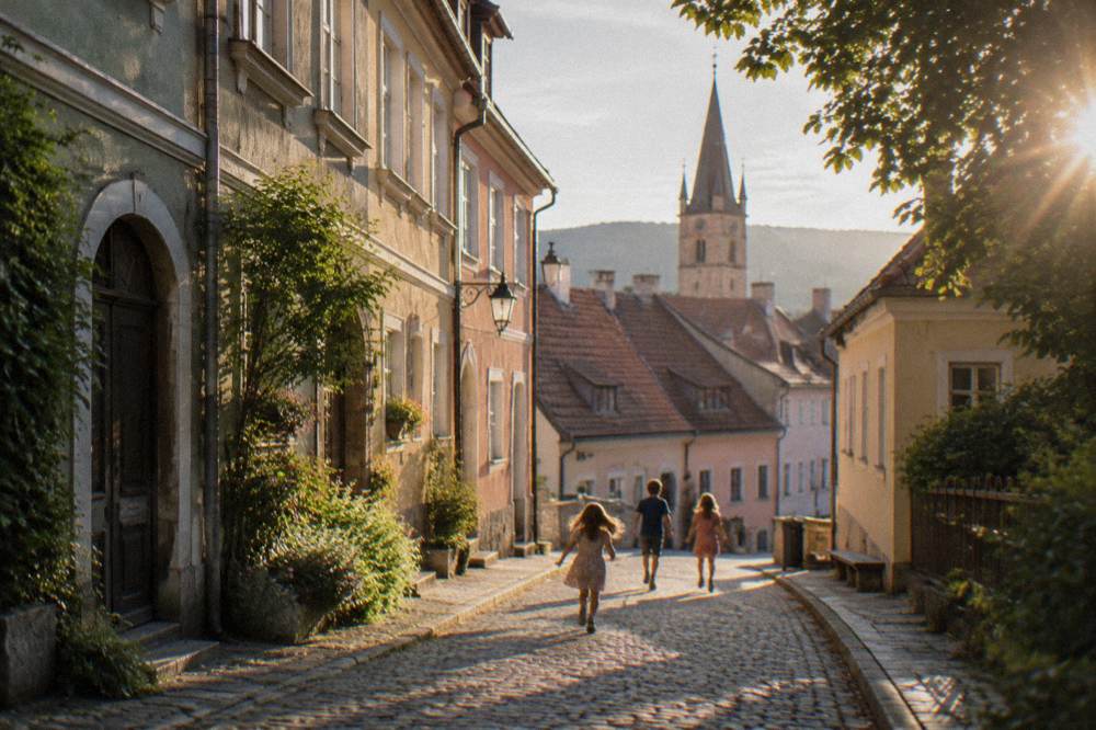 Children running down a cobbled pedestrian street between pastel-coloured old houses