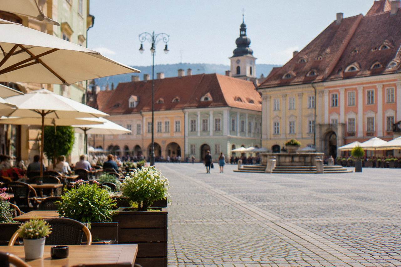 Colourful baroque houses and cafe terraces around the grand square of a Transylvanian old town
