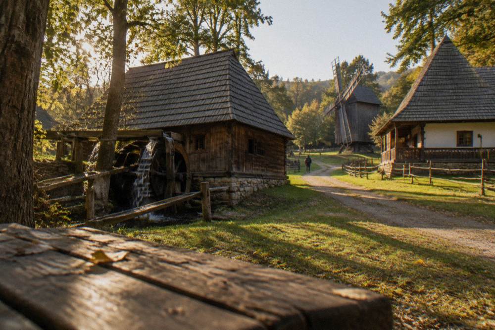 Wooden farmhouses and a water mill along a forest path at an open-air museum