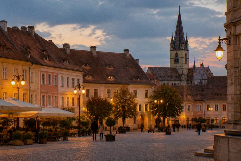 An old town square lit by warm street lamps with lit facades at dusk