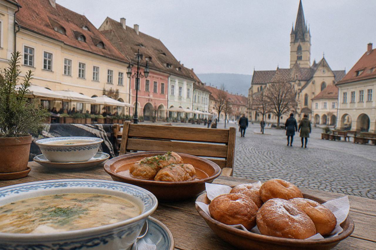 A rustic wooden table in Sibiu set with bowls of sour soup, cabbage rolls and fried doughnuts